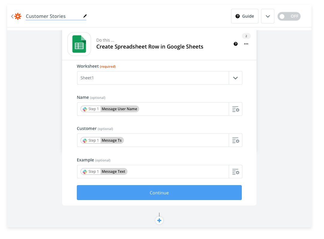 Picking content matching from Slack to Google Sheets in Zapier