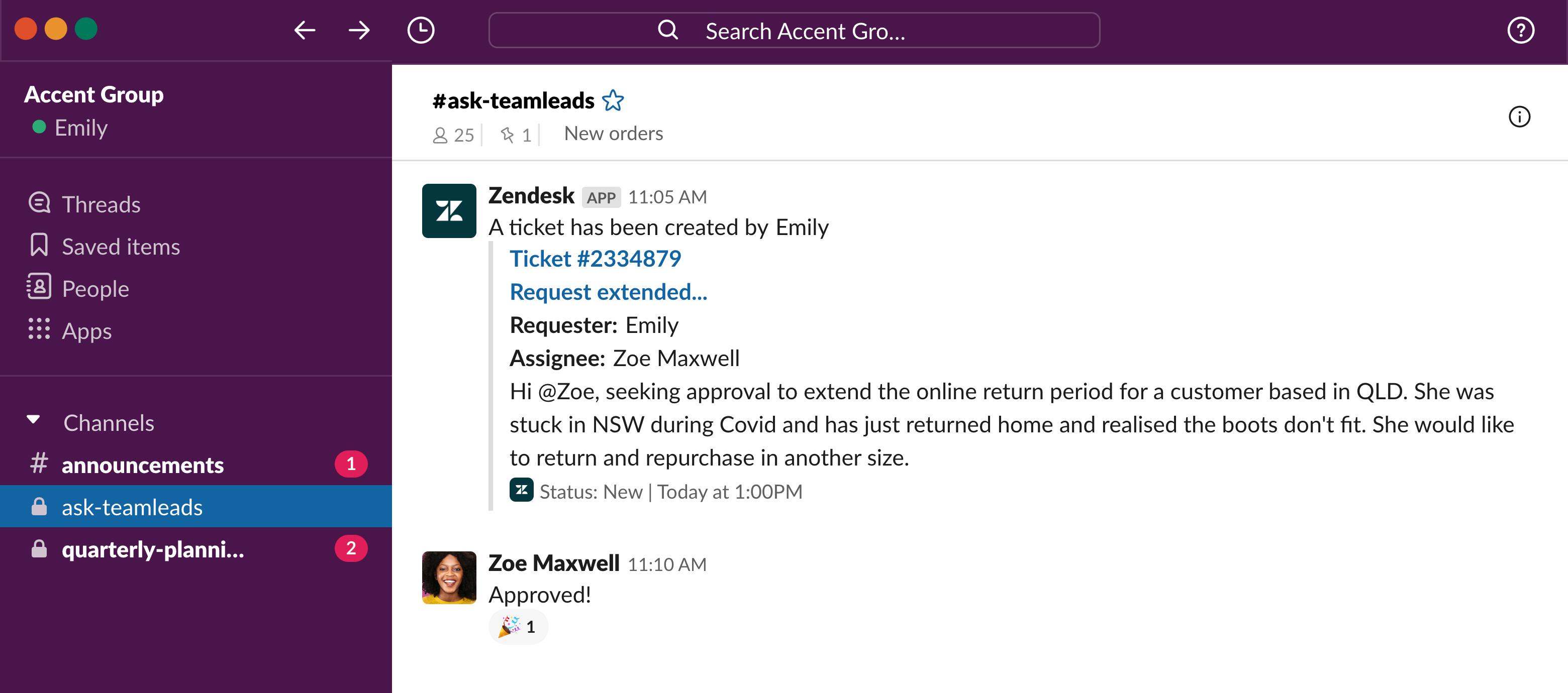 An Accent Group support agent requesting approval for a return in the team leads channel in Slack