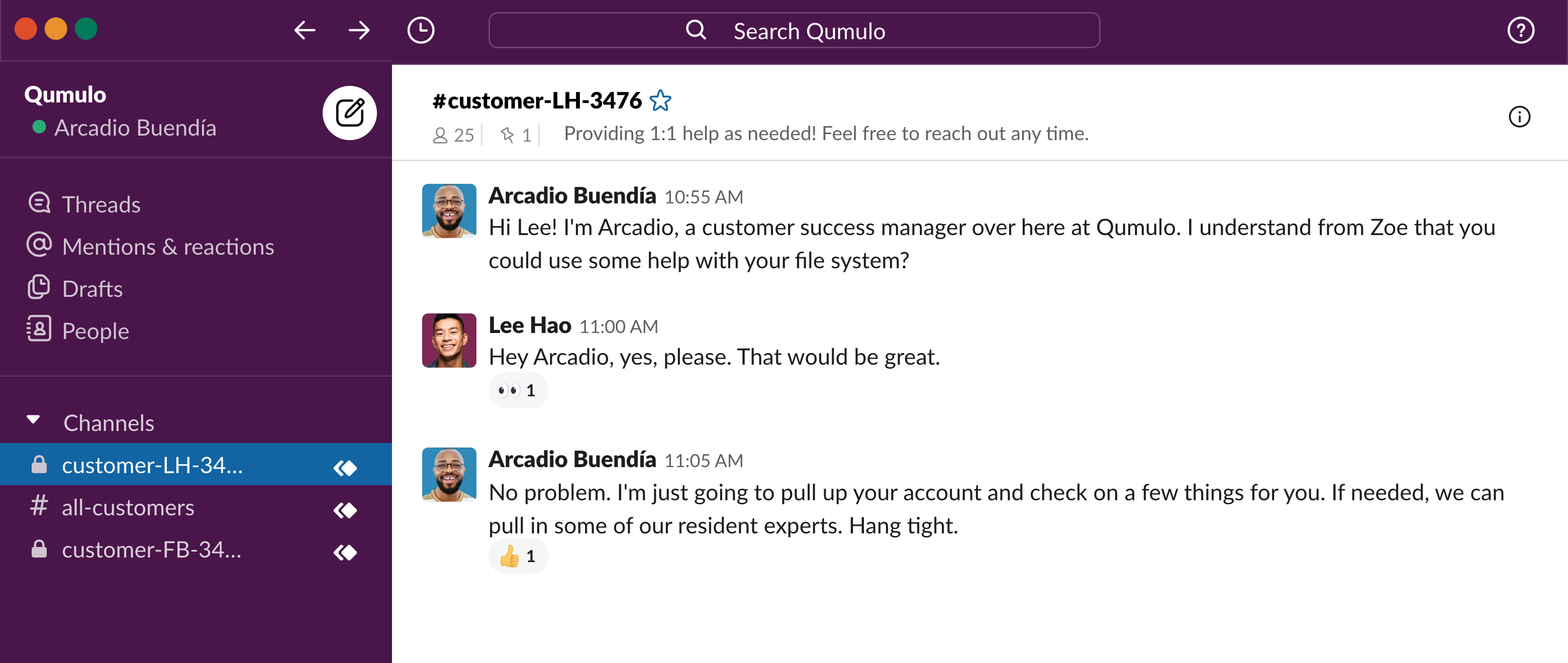 Qumulo one-on-one customer service experience in Slack