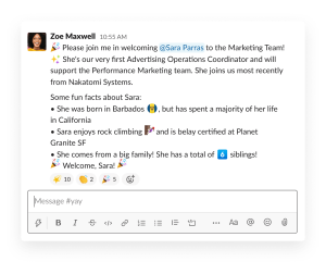#自己紹介の Slack チャンネルで、マネージャーがチームの新メンバーを紹介