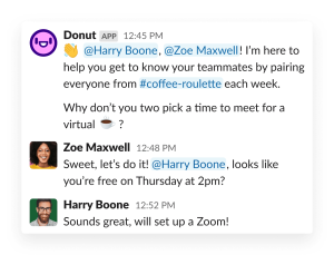 Zwei Angestellte werden über die Donut-App für Slack zu einem Treffen animiert