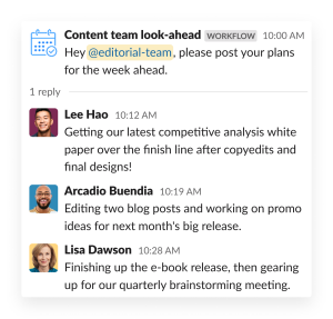 コンテンツマーケティングチームが、ワークフロービルダーからのメッセージに従って、Slack 内のスレッドで毎日の目標を共有する