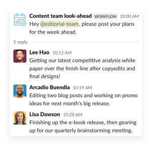 Ein Content-Marketing-Team teilt seine täglichen Ziele in einem Thread in Slack und folgt dabei einer Aufforderung des Workflow-Builders