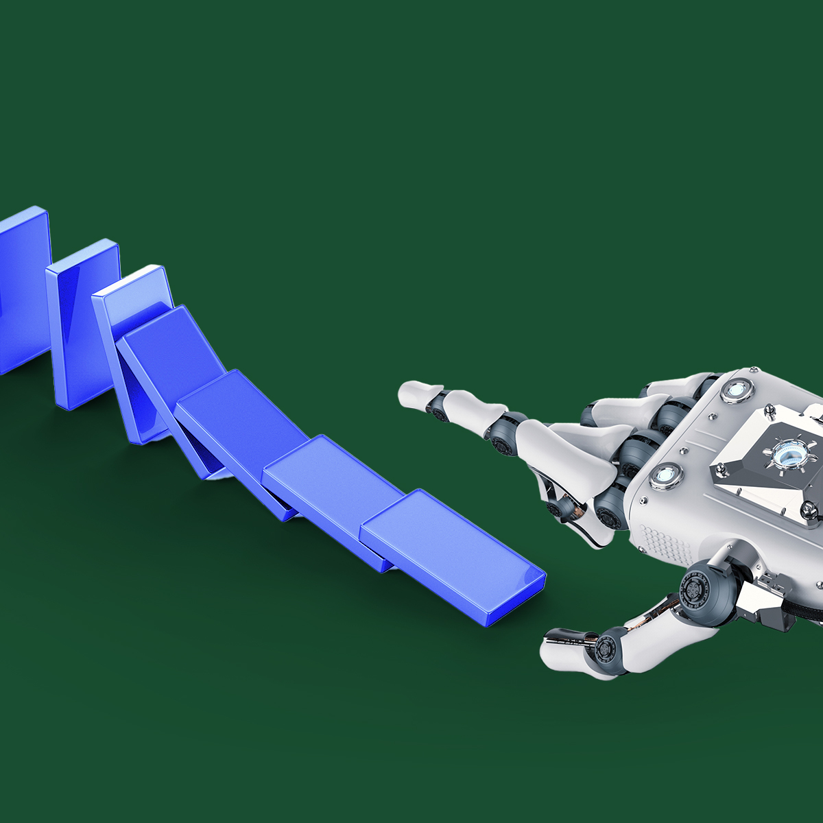 Agentic automation, symbolized by a robot hand playing dominoes.