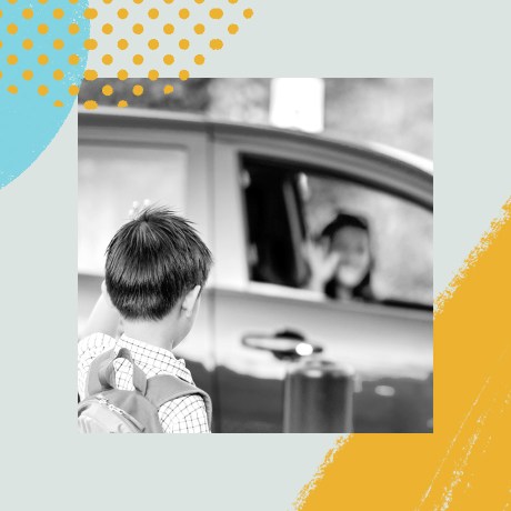 child waving to mother