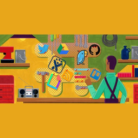 Man in a toolshed looking at a wall full of app logos