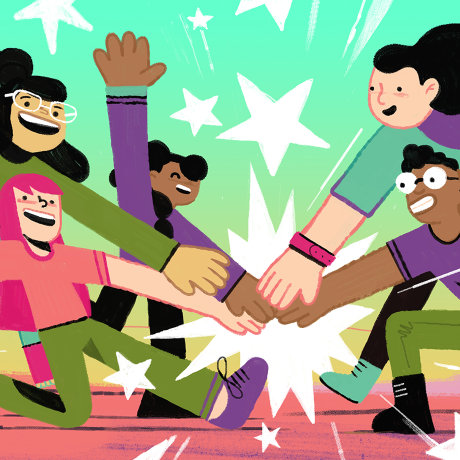 Illustration of a group of people putting their hands together.
