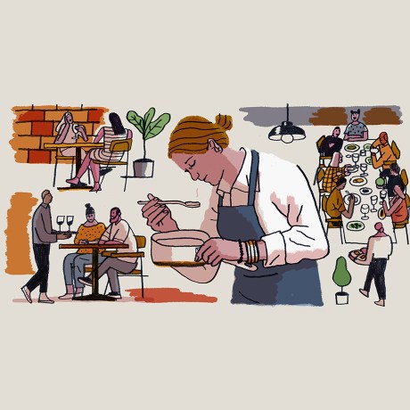 Illustration of chef Karen Keygnaert cooking in a kitchen