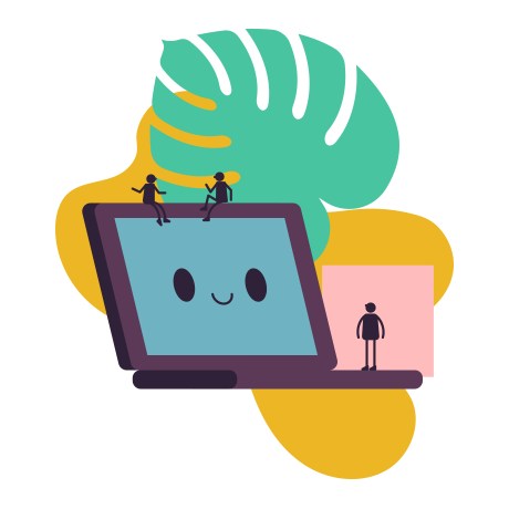 Colorful illustration with a laptop and small people