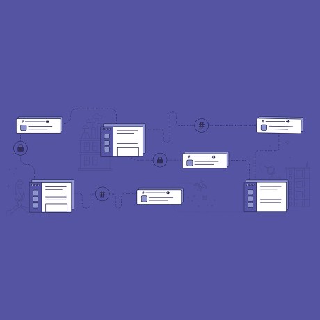 Illustration with Slack UI imagery and gears with a purple background