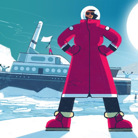 Illustration of a woman in a winter coat standing proudly in front of a ship