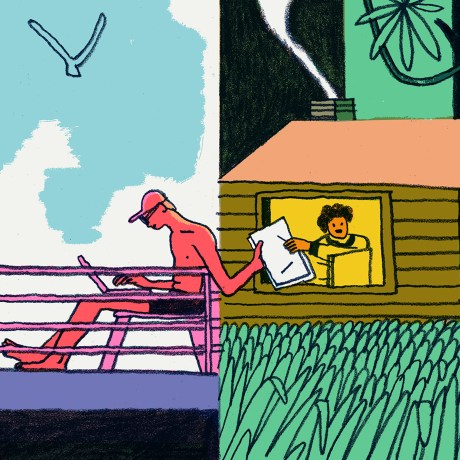 Illustration of two people in different areas working together and sharing paperwork