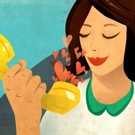 An illustration of a woman holding a phone showing compassion for the person on the other line