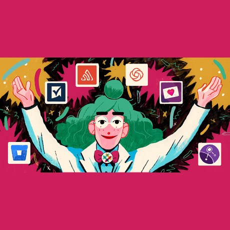 Illustration of woman with green hair with app icons floating in front of her