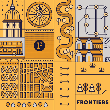 Illustration with different symbols of a city for Slack's Frontiers conference