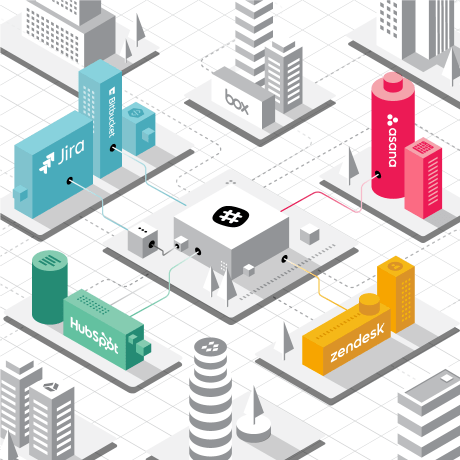 Illustration of colored buildings signifying a collaboration hub