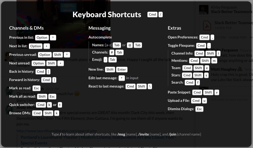 list of keyboard shortcuts
