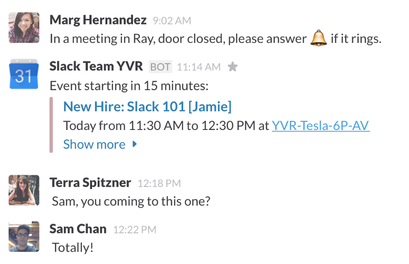 calendar message in channel