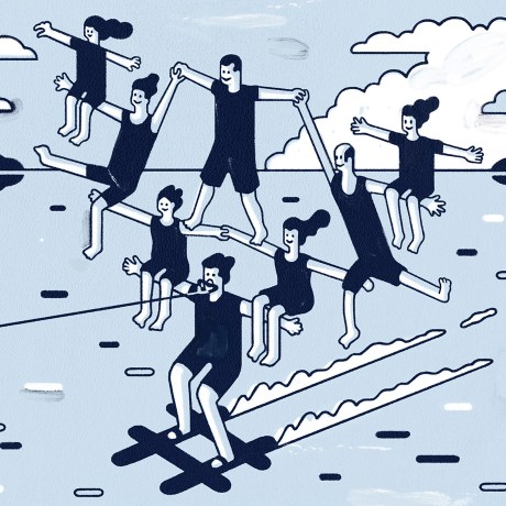 An illustration showing a group of trapeze artists working together on a tight rope