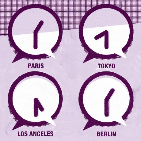 Four clocks representing international time zones