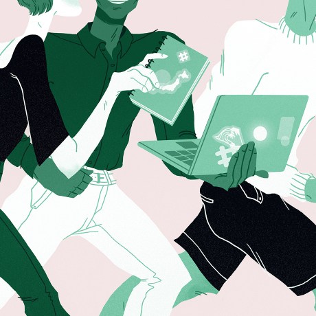 Illustration of a group of people holding a laptop and walking