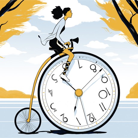 Woman on a victorian-style bicycle with a clock for a wheel, depicting the timeless time management advice you'll find in this article about how to boost your personal productivity at work, with tips from Slack's VP of People Robby Kwok