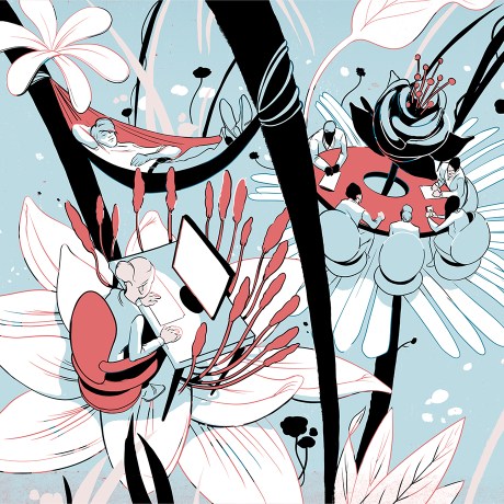 An illustration of people working and meeting in a garden-like setting, each person serenely focused on their current task.