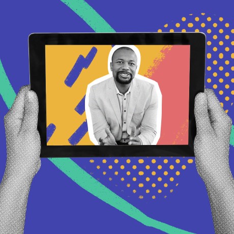 An image of hands holding up a tablet device with a person on the screen indicating a meeting with a remote worker is in progress.