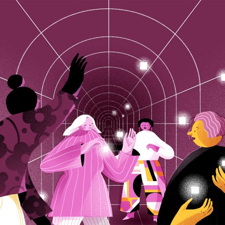 An illustration of four people gently tossing small, bright lights to one another—a symbol of digitally connecting employees through digital employee engagement software, apps, and integrations