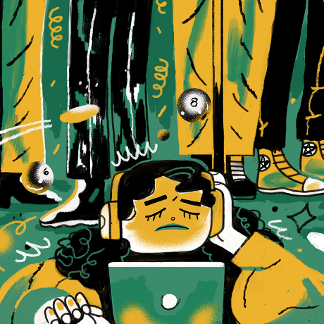 An illustration of a frustrated employee surrounded by distractions