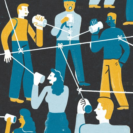 An illustration of a group of people speaking through cans tied with string