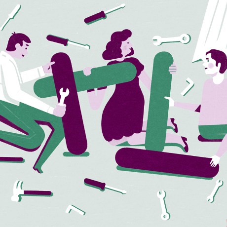 An illustration with three people working together to put something together