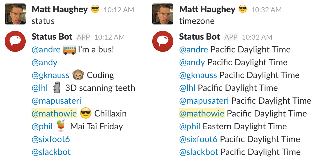 Two examples of how to use Slack status bot
