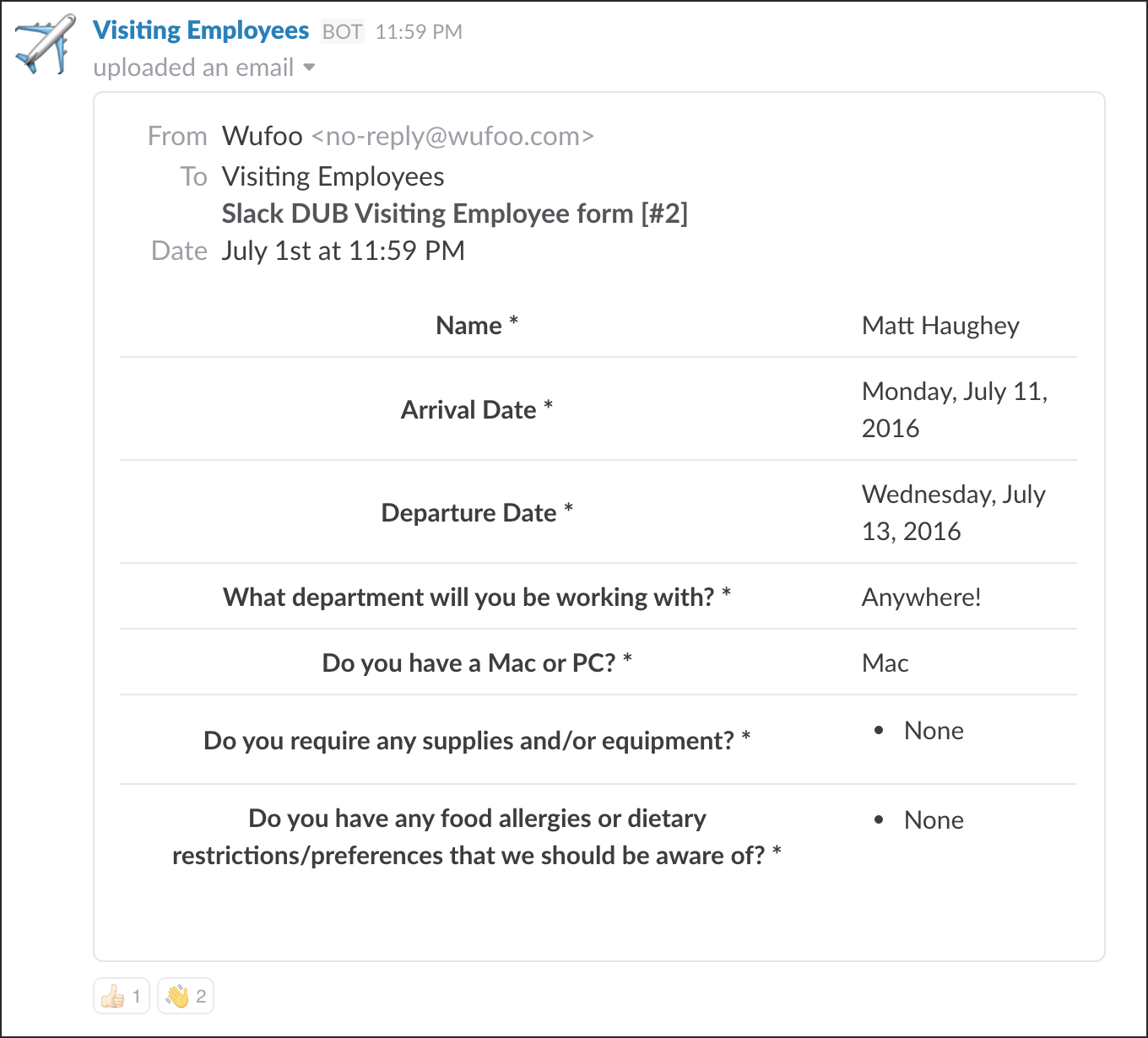 Visiting employee information in integration when form is submitted