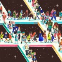 An illustration with people from all over the world walking on the Slack logo