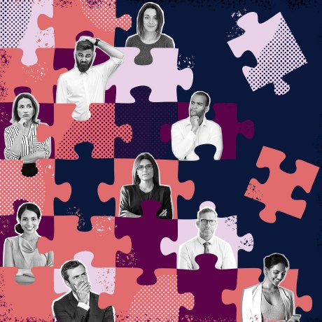A picture of confused office workers spread out across an incomplete jigsaw puzzle: A metaphor that shows providing clear direction is important for organizational health.