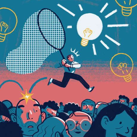 An illustration of knowledge management featuring a man climbing over a crowd to catch a lightbulb in a butterfly net.
