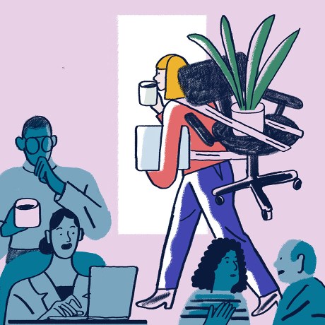 This illustration depicts a bustling office environment. One team member exits the office with her chair and her plant strapped to her back: A sign that she's off on extended leave from work.
