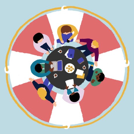 Illustration of a group of people sitting around a table working