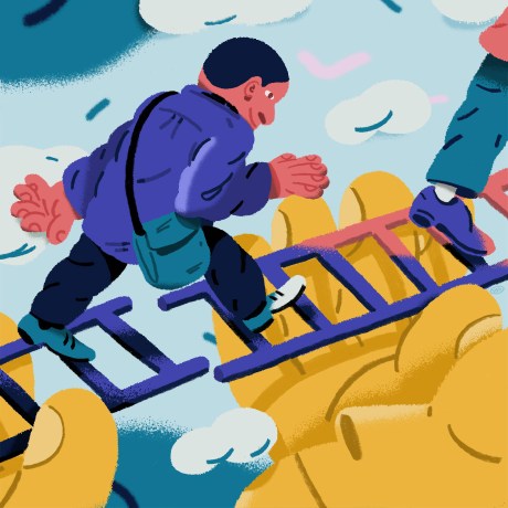 Effective leadership inspires team members to perform at their best. This illustration depicts a leader holding up two ladders as a bridge for others to cross over.