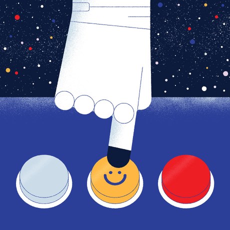 A giant finger presses down on a button—the middle of three—with a happy face on it: a metaphor for making good decisions.