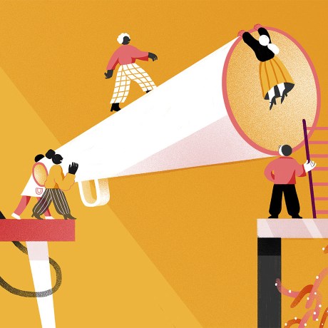 Internal communication is everyone's responsibility. Wenting Li, a Toronto-based illustrator, imagines internal communication as a massive loud speaker with workers on either side.
