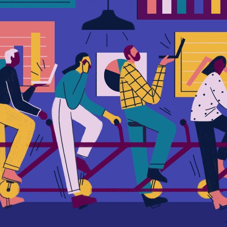 collaborative leadership style hero image with group of people biking on one bike together multitasking