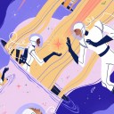 knowledge base hero image of people handing off knowledge to each other while in space