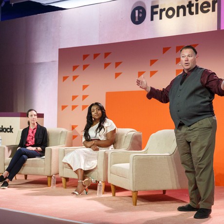 Ali Rayl of Slack, China Scroggins of Nordstrom and Jonathan Brummel of Zendesk talk customer service at Slack’s Frontiers conference.