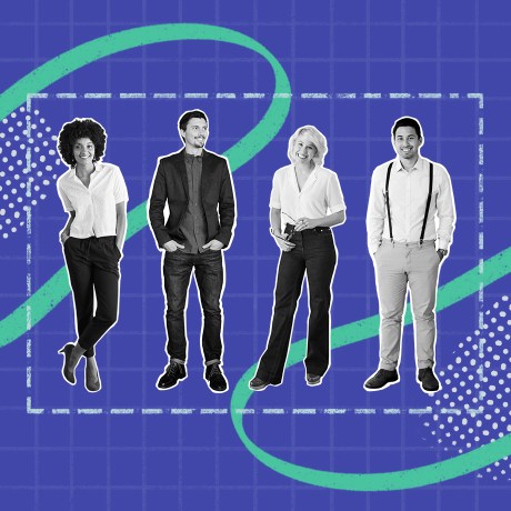 An image of four employees set against a blueprint-like background signifying team building