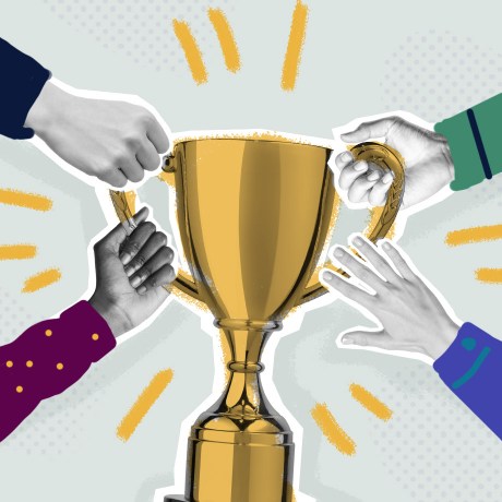 cross-functional collaboration hero various hands grabbing onto a trophy