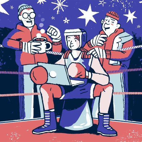 talent management hero boxer sitting in his corner with his laptop getting assistance
