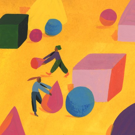 Team building depicted by an illustration of people assembling geometric blocks.