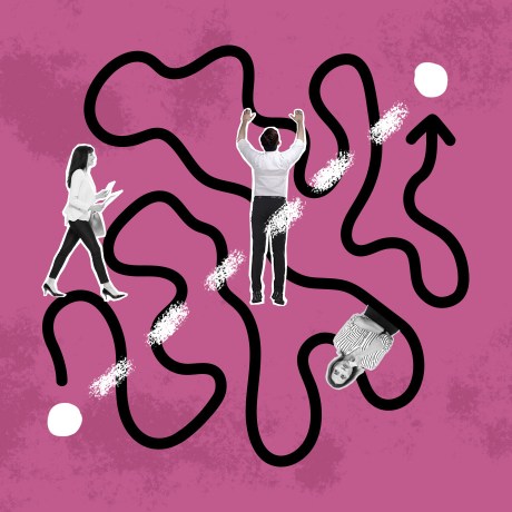 Images of three people against a purple background with a path showing the correct direction